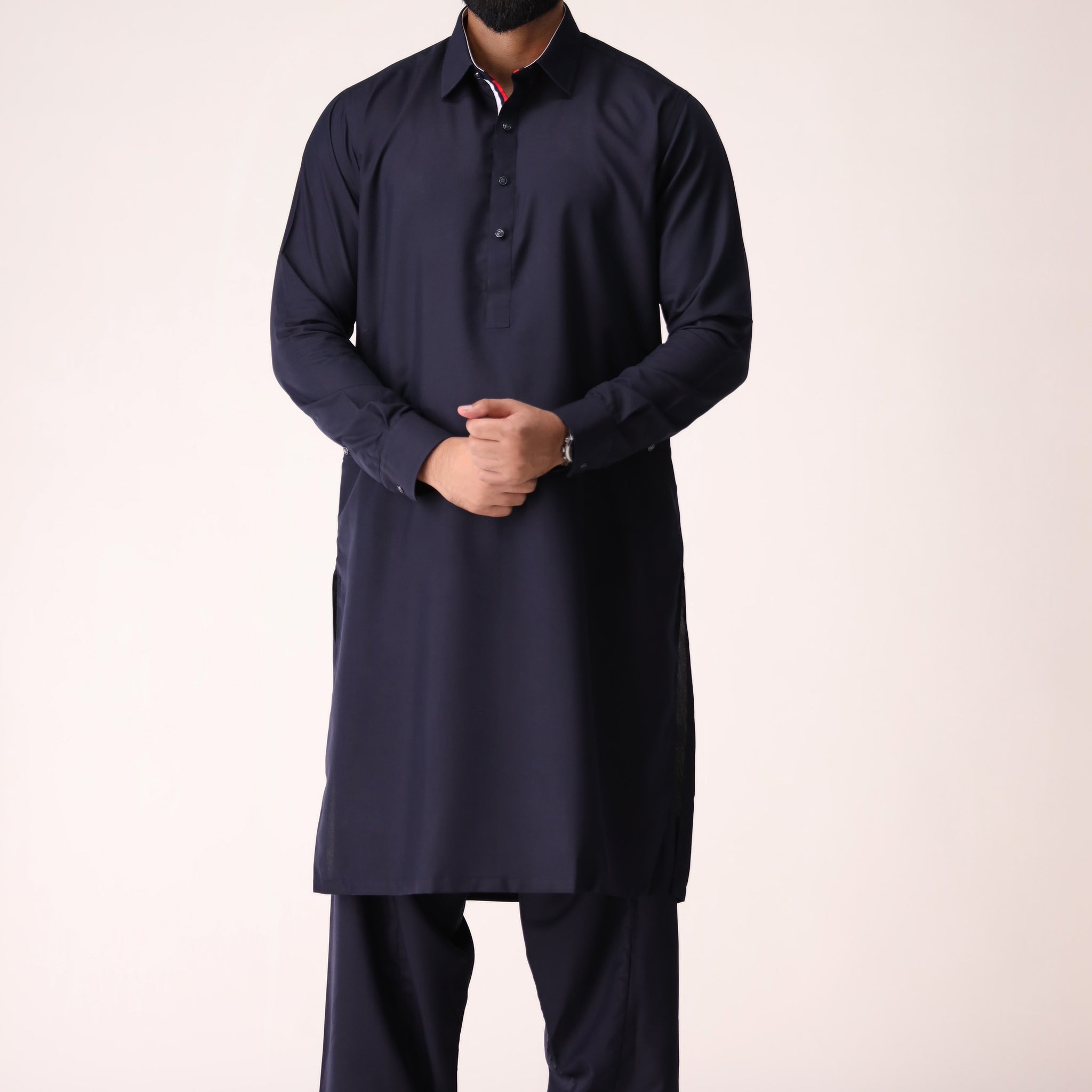 NAVY BLUE SHALWAR KAMEEZ WITH RED AND WHITE INLAY