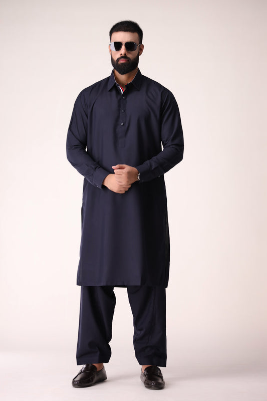 NAVY BLUE SHALWAR KAMEEZ WITH RED AND WHITE INLAY