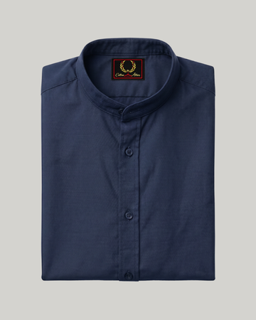 Navy Blue Band Collar Linen Shirt