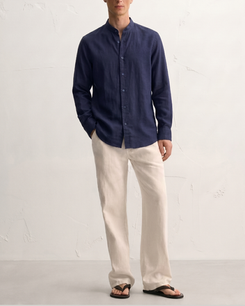 Navy Blue Band Collar Linen Shirt