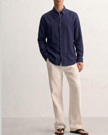 Navy Blue Button Down Collar Linen Shirt