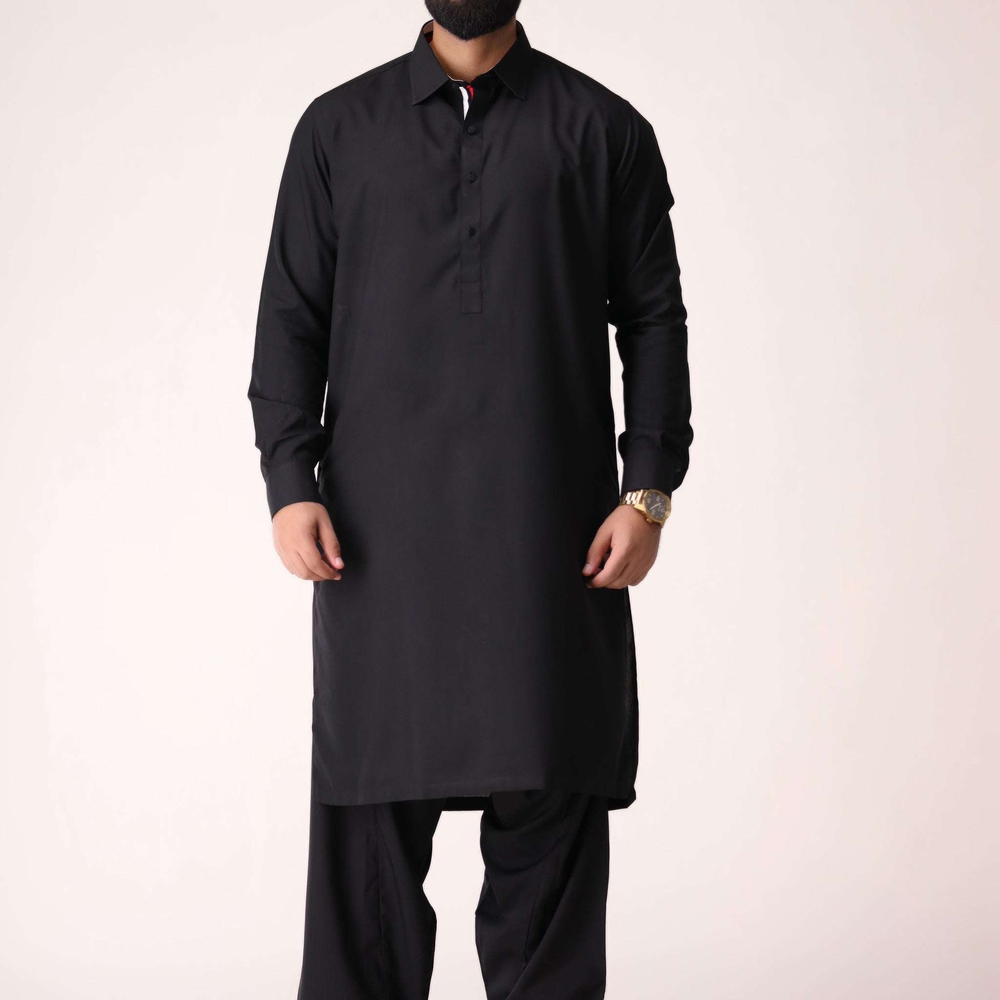 BLACK KAMEEZ SHALWAR WITH RED AND WHITE INLAY