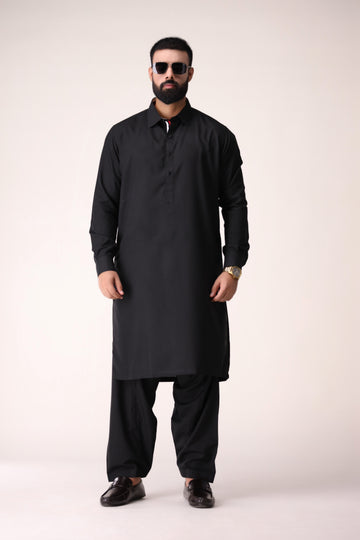 BLACK KAMEEZ SHALWAR WITH RED AND WHITE INLAY