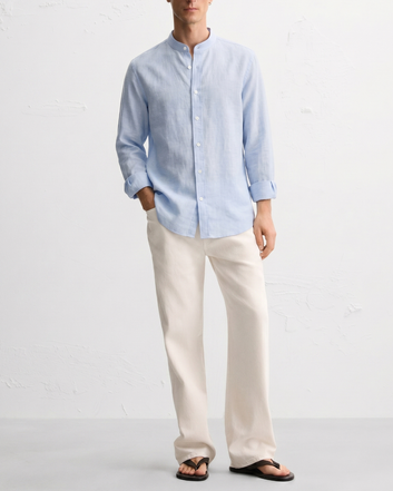 Sky Blue Band Collar Linen Shirt