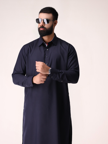 Navy Blue Kameez Shalwar With Red & White Inlay