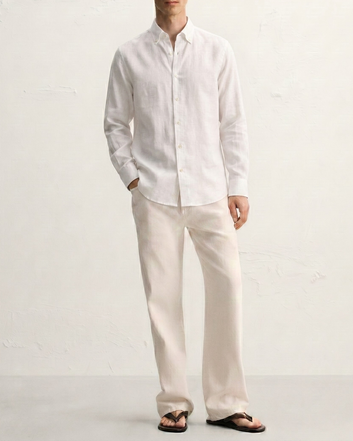 White Button Down Collar Linen Shirt
