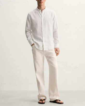 White Band Collar Linen Shirt