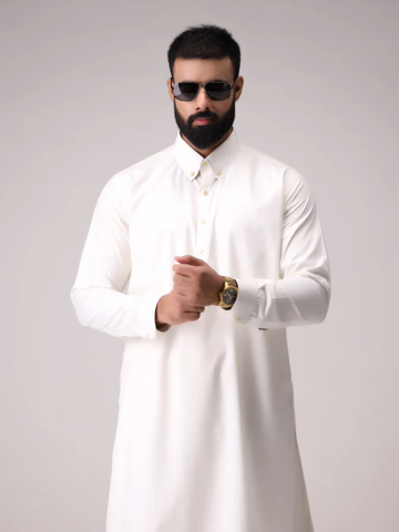 Off White Button Down Collar Kameez Shalwar