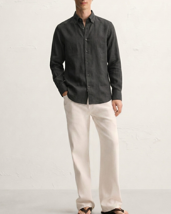 Black Button Down Collar Linen Shirt