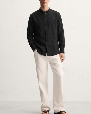 Black Band Collar Linen Shirt