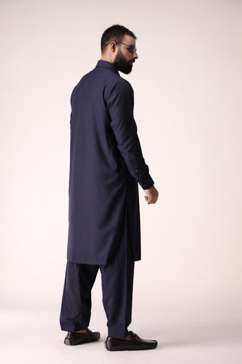 NAVY BLUE SHALWAR KAMEEZ WITH RED AND WHITE INLAY