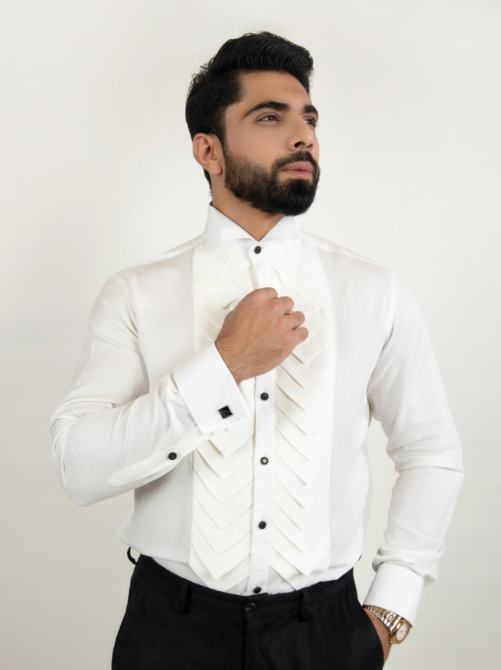 W-Shaped Collar Tuxedo Shirt - Cotton Attire Pakistan