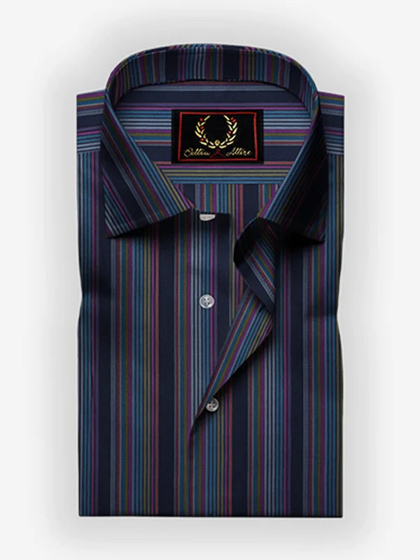 MULTICOLORED STRIPES ON SOLID BLUE SHIRT